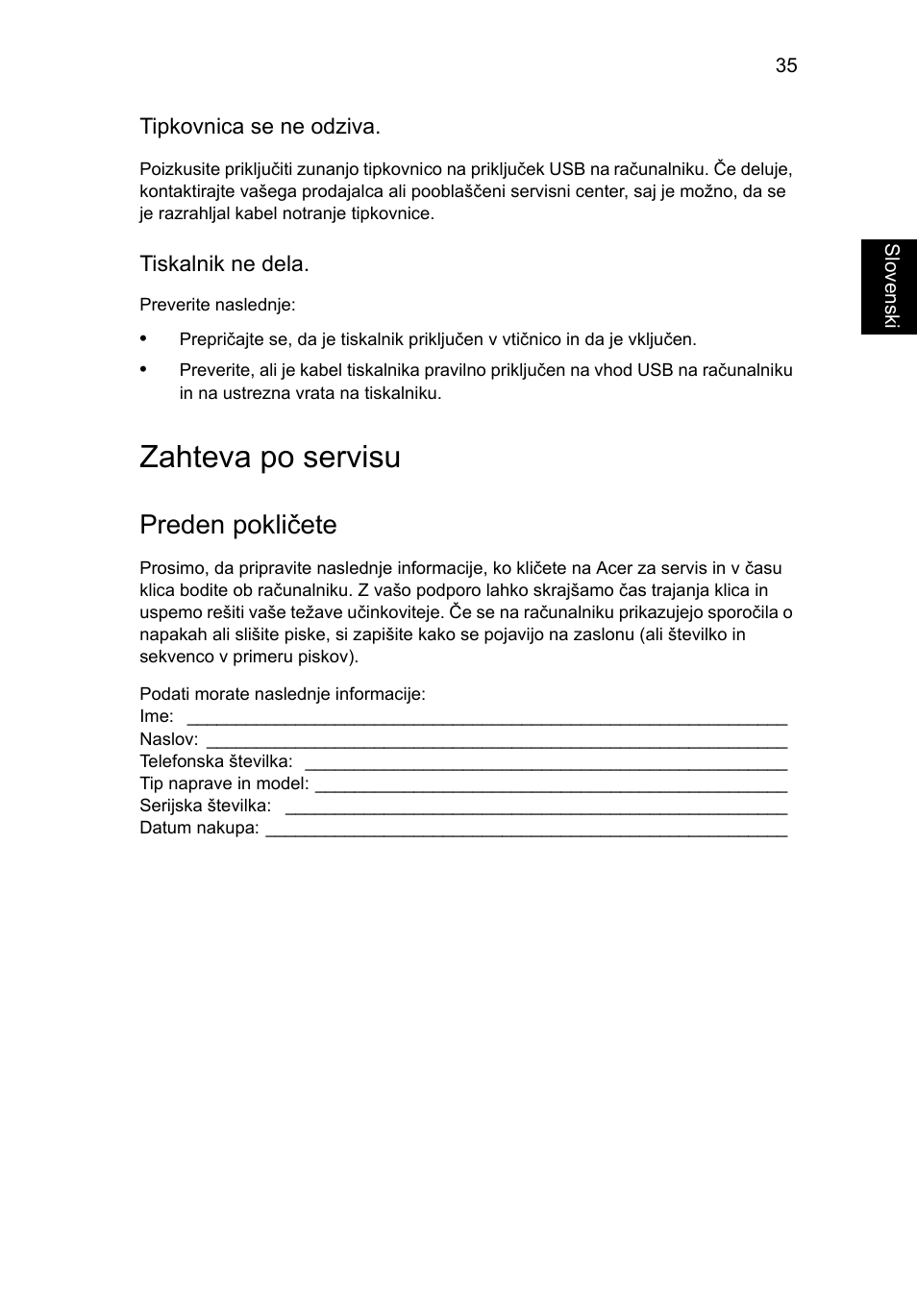 Zahteva po servisu, Preden pokličete | Acer AO756 User Manual | Page 1113 / 1836