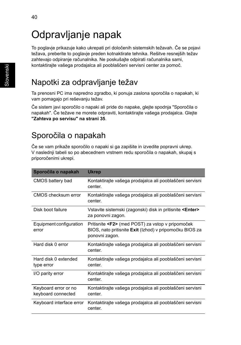 Odpravljanje napak, Napotki za odpravljanje težav, Sporočila o napakah | Acer AO756 User Manual | Page 1118 / 1836