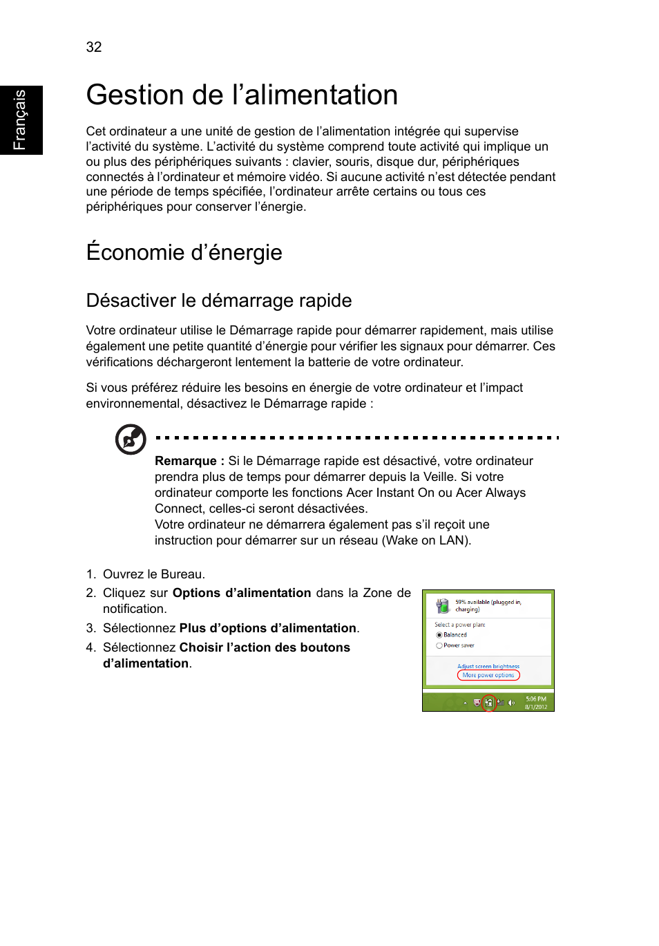 Gestion de l’alimentation, Économie d’énergie, Désactiver le démarrage rapide | Acer AO756 User Manual | Page 116 / 1836