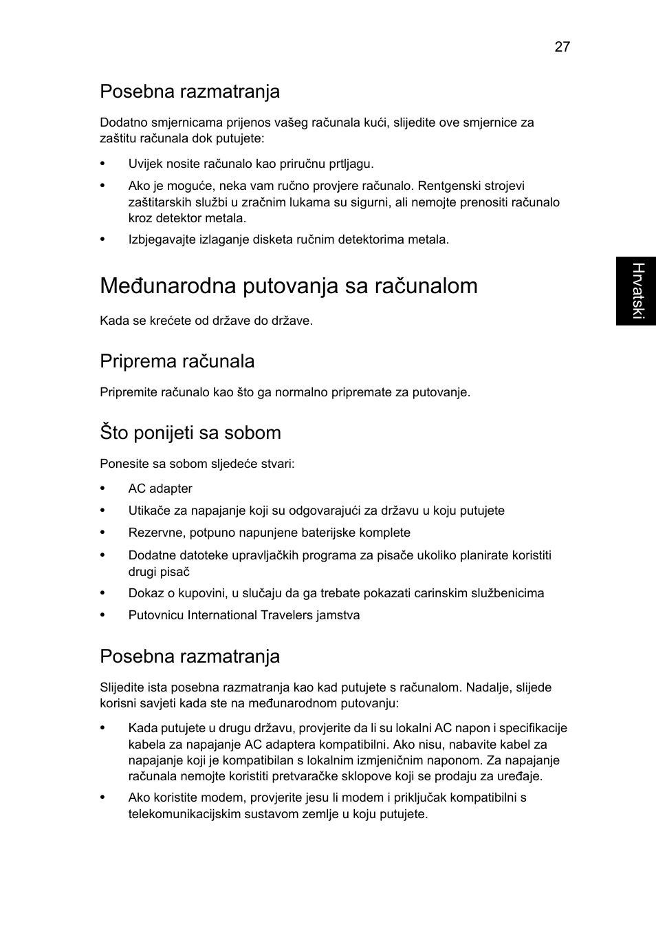 Međunarodna putovanja sa računalom, Posebna razmatranja, Priprema računala | Što ponijeti sa sobom | Acer AO756 User Manual | Page 1169 / 1836