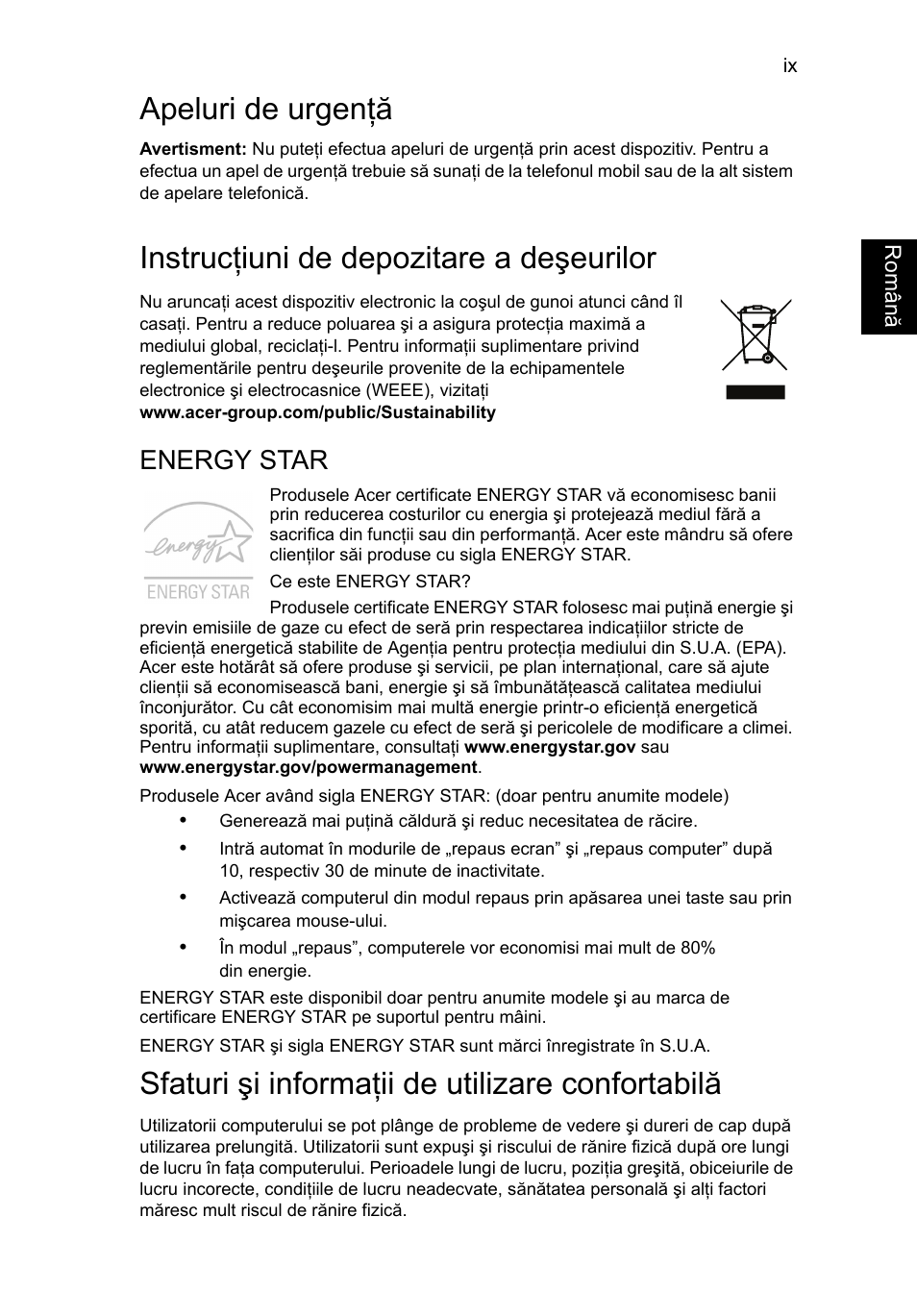 Apeluri de urgenţă, Instrucţiuni de depozitare a deşeurilor, Sfaturi şi informaţii de utilizare confortabilă | Energy star | Acer AO756 User Manual | Page 1197 / 1836