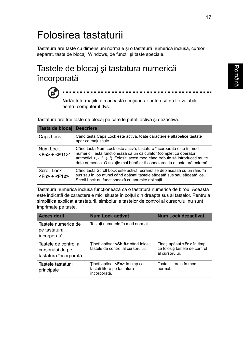 Folosirea tastaturii | Acer AO756 User Manual | Page 1223 / 1836