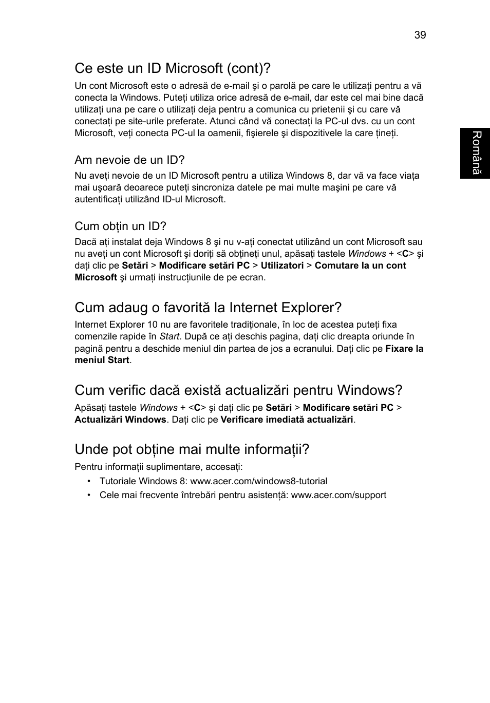 Ce este un id microsoft (cont), Cum adaug o favorită la internet explorer, Cum verific dacă există actualizări pentru windows | Unde pot obţine mai multe informaţii | Acer AO756 User Manual | Page 1245 / 1836