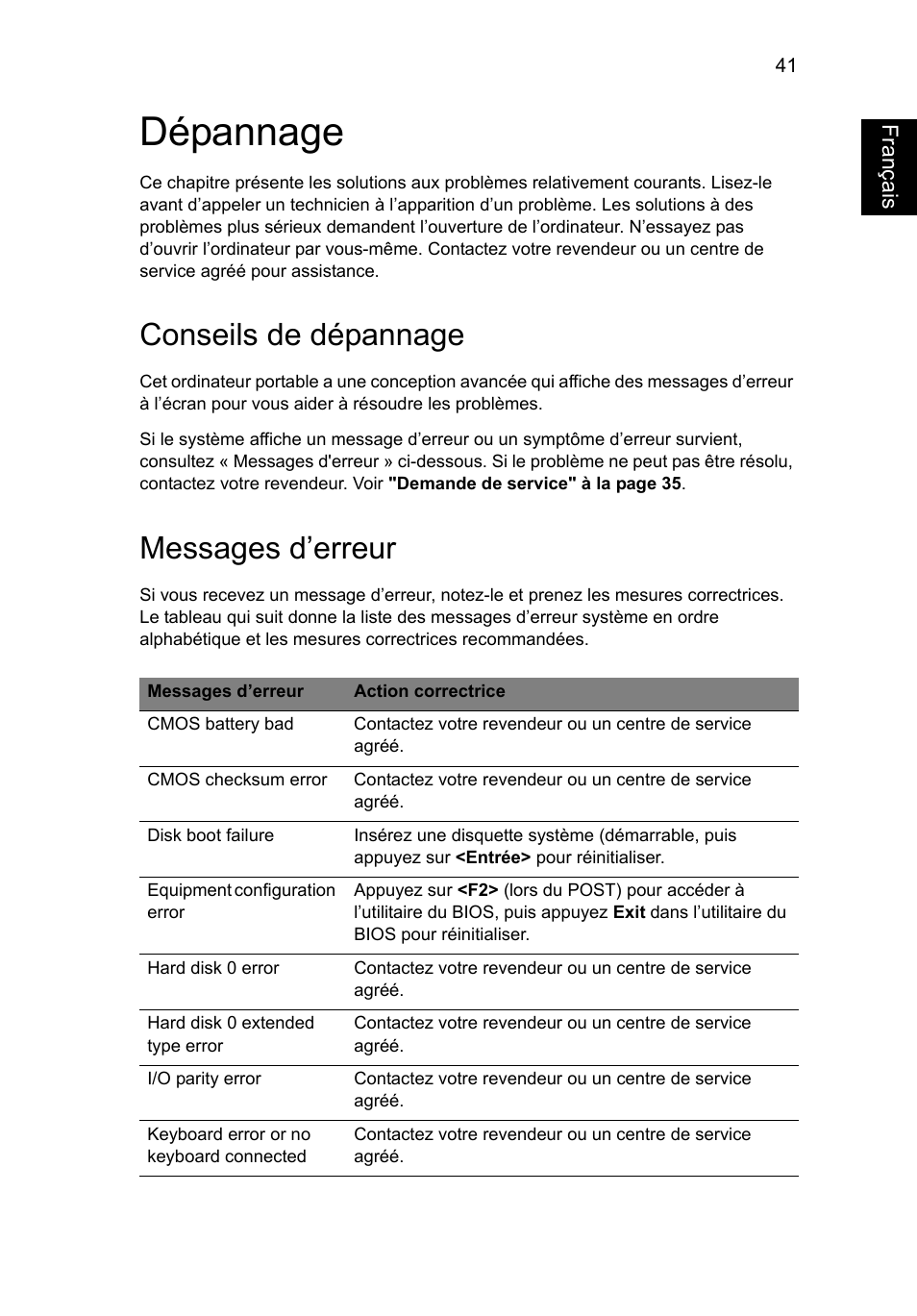 Dépannage, Conseils de dépannage, Messages d’erreur | Français | Acer AO756 User Manual | Page 125 / 1836