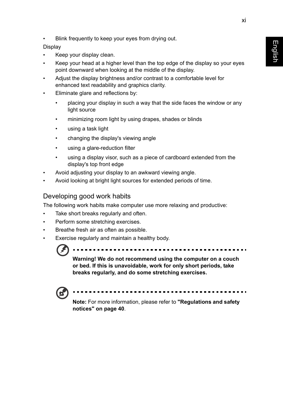 Engl ish, Developing good work habits | Acer AO756 User Manual | Page 13 / 1836