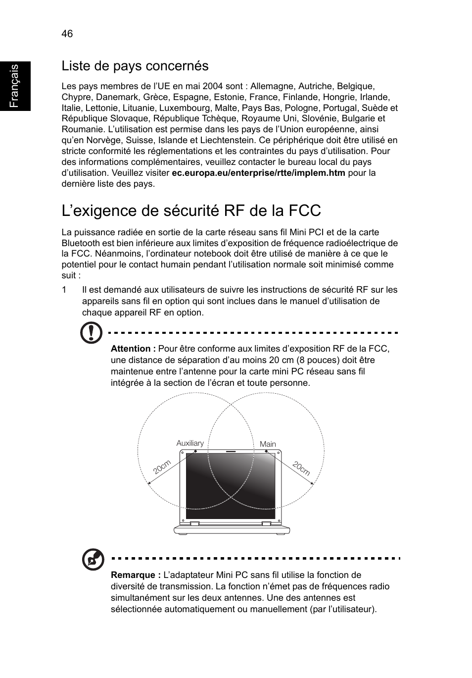 L’exigence de sécurité rf de la fcc, Liste de pays concernés | Acer AO756 User Manual | Page 130 / 1836