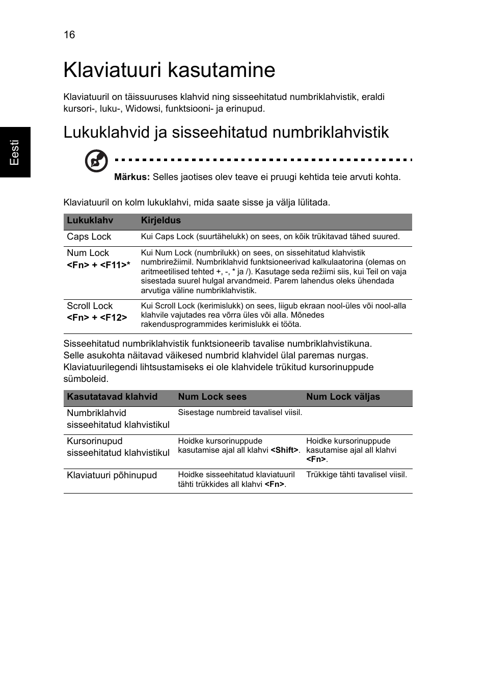 Klaviatuuri kasutamine, Lukuklahvid ja sisseehitatud numbriklahvistik | Acer AO756 User Manual | Page 1354 / 1836