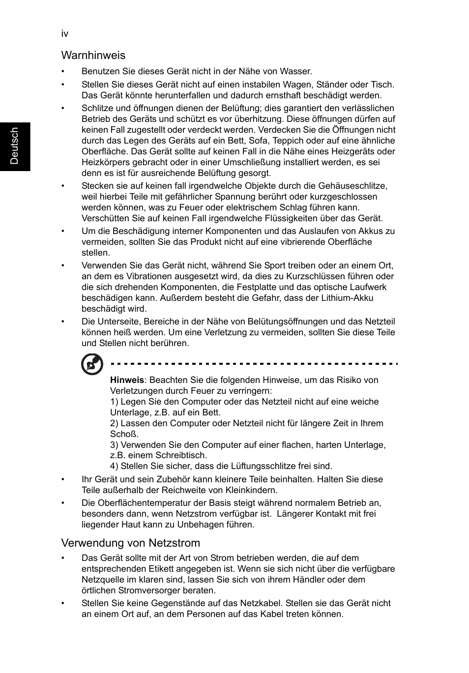 Warnhinweis, Verwendung von netzstrom | Acer AO756 User Manual | Page 136 / 1836