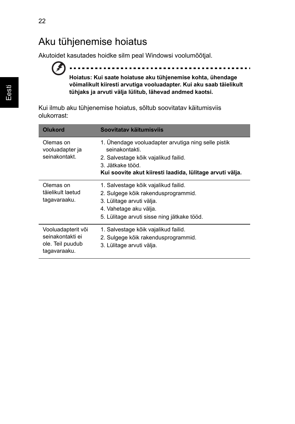 Aku tühjenemise hoiatus | Acer AO756 User Manual | Page 1360 / 1836