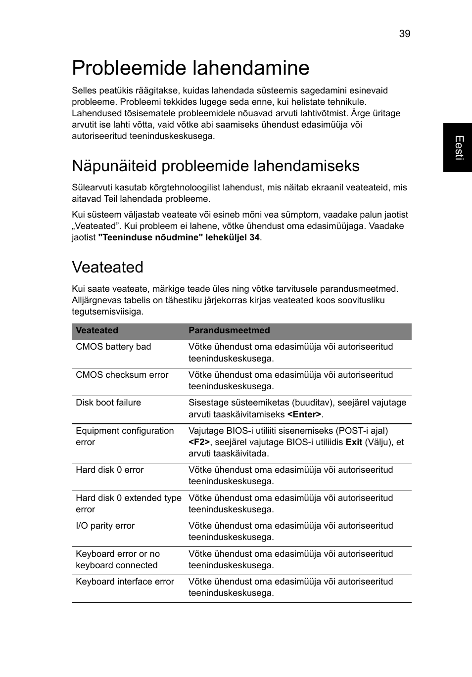 Probleemide lahendamine, Näpunäiteid probleemide lahendamiseks, Veateated | Acer AO756 User Manual | Page 1377 / 1836