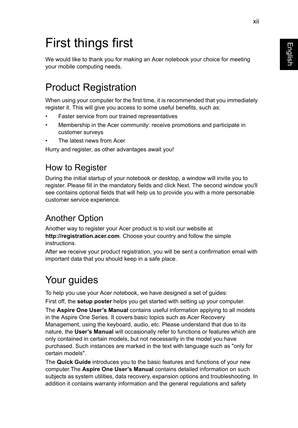 First things first, Product registration, Your guides | How to register, Another option | Acer AO756 User Manual | Page 14 / 1836