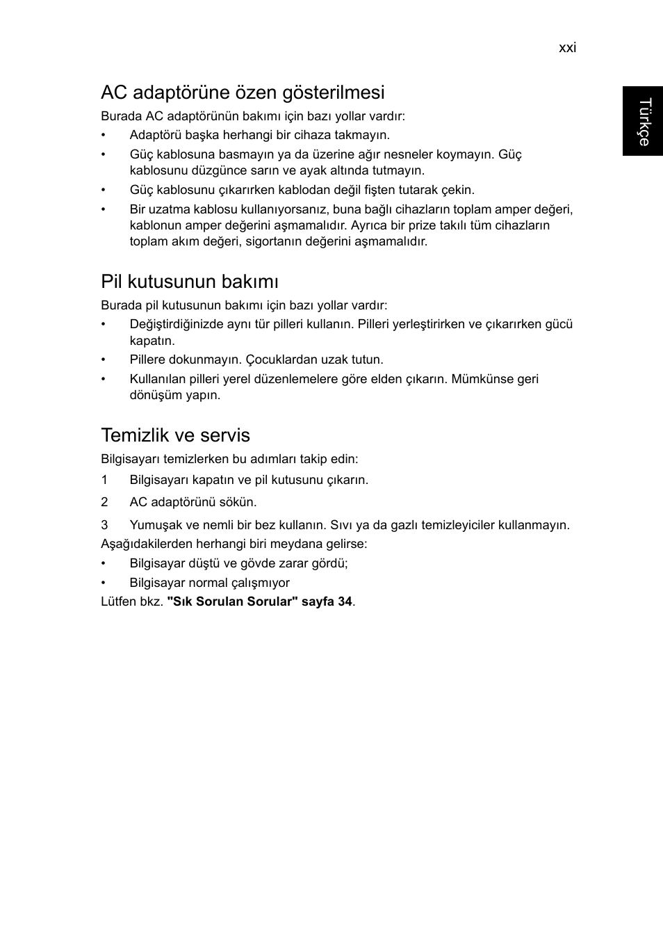 Ac adaptörüne özen gösterilmesi, Pil kutusunun bakımı, Temizlik ve servis | Acer AO756 User Manual | Page 1477 / 1836