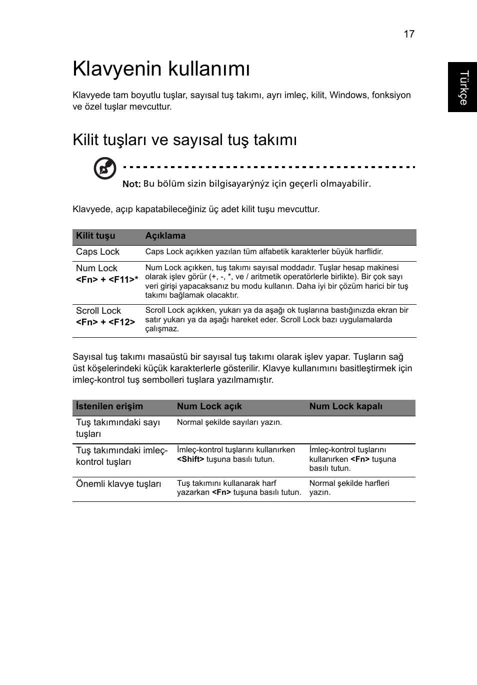Klavyenin kullanımı, Kilit tuşları ve sayısal tuş takımı | Acer AO756 User Manual | Page 1499 / 1836