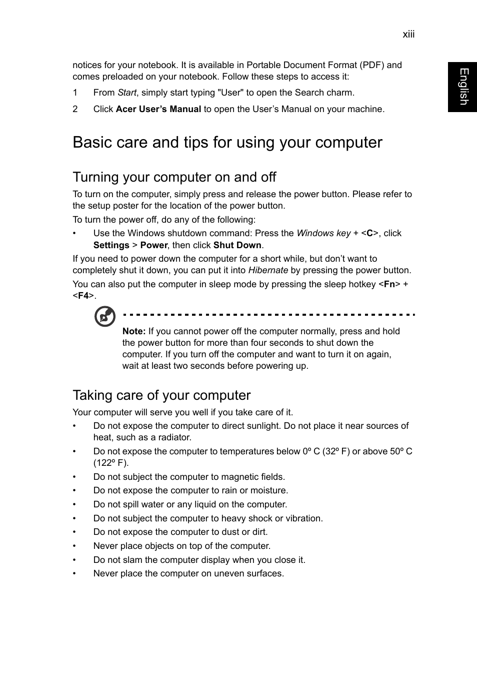 Basic care and tips for using your computer, Turning your computer on and off, Taking care of your computer | Acer AO756 User Manual | Page 15 / 1836