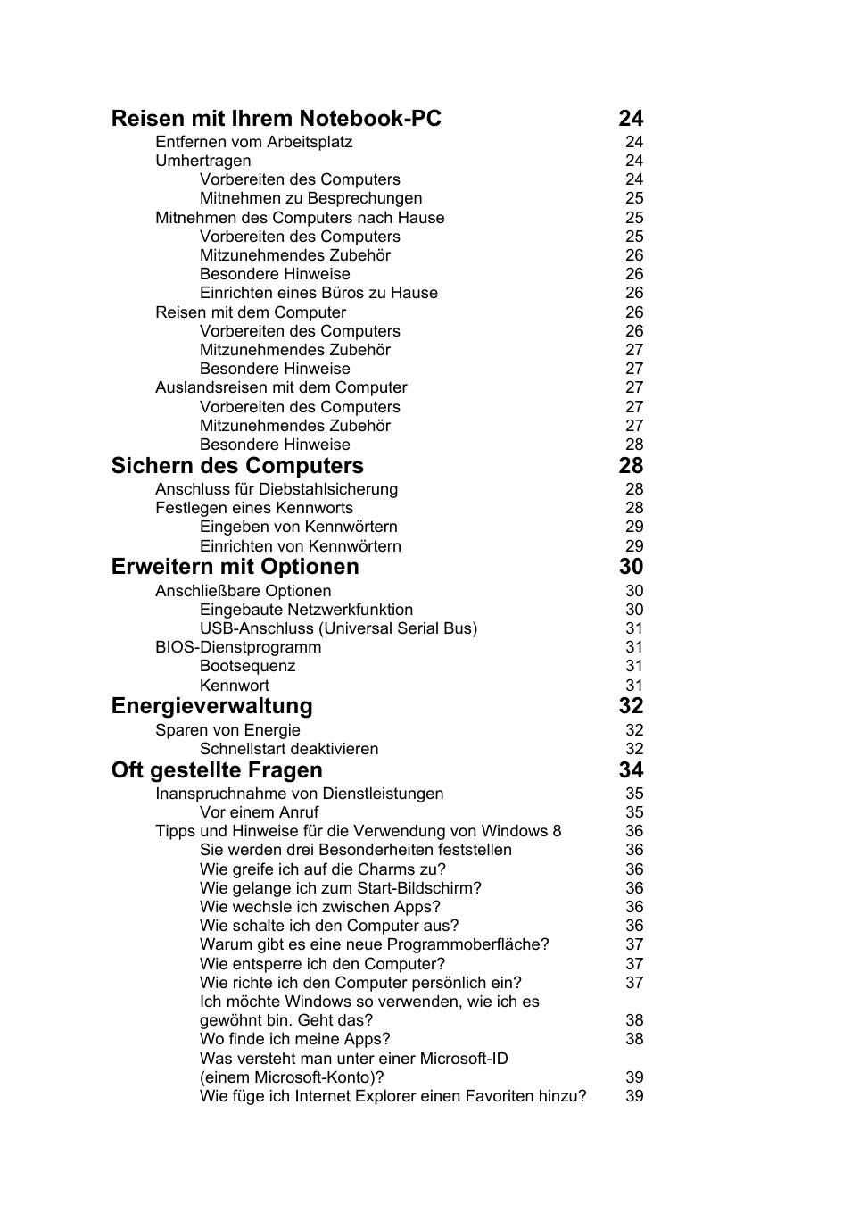 Sichern des computers 28, Erweitern mit optionen 30, Energieverwaltung 32 | Oft gestellte fragen 34 | Acer AO756 User Manual | Page 150 / 1836