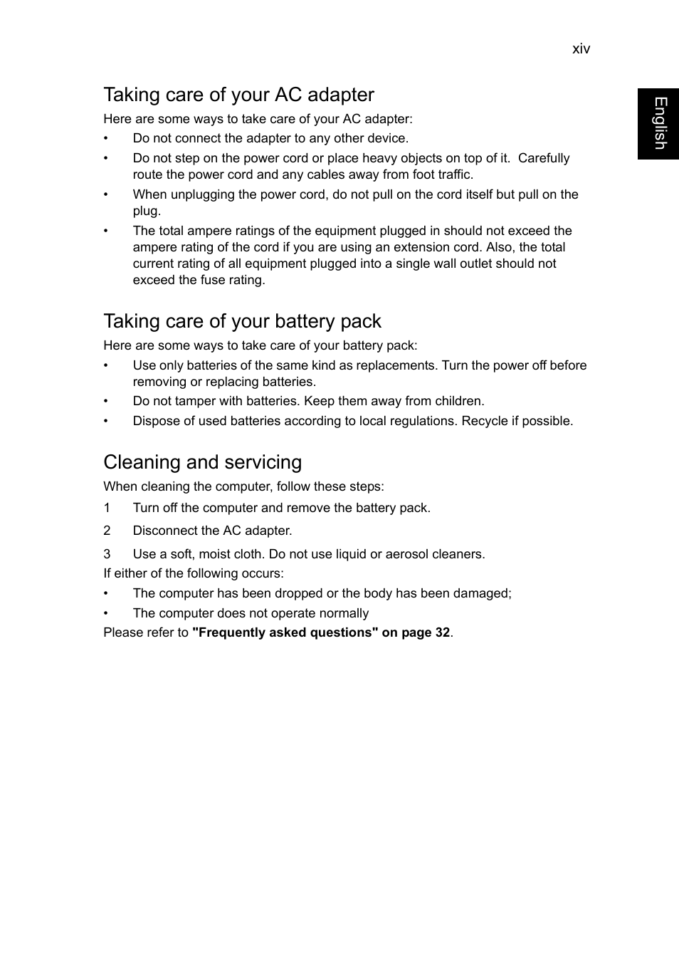 Taking care of your ac adapter, Taking care of your battery pack, Cleaning and servicing | Acer AO756 User Manual | Page 16 / 1836