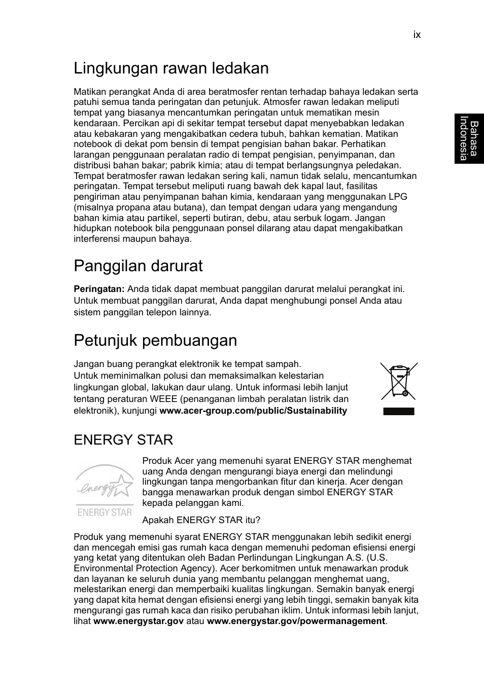 Lingkungan rawan ledakan, Panggilan darurat, Petunjuk pembuangan | Energy star | Acer AO756 User Manual | Page 1715 / 1836
