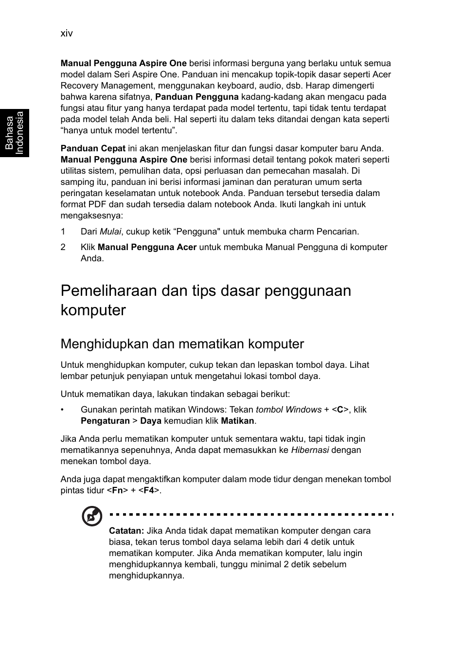 Pemeliharaan dan tips dasar penggunaan komputer, Menghidupkan dan mematikan komputer | Acer AO756 User Manual | Page 1720 / 1836