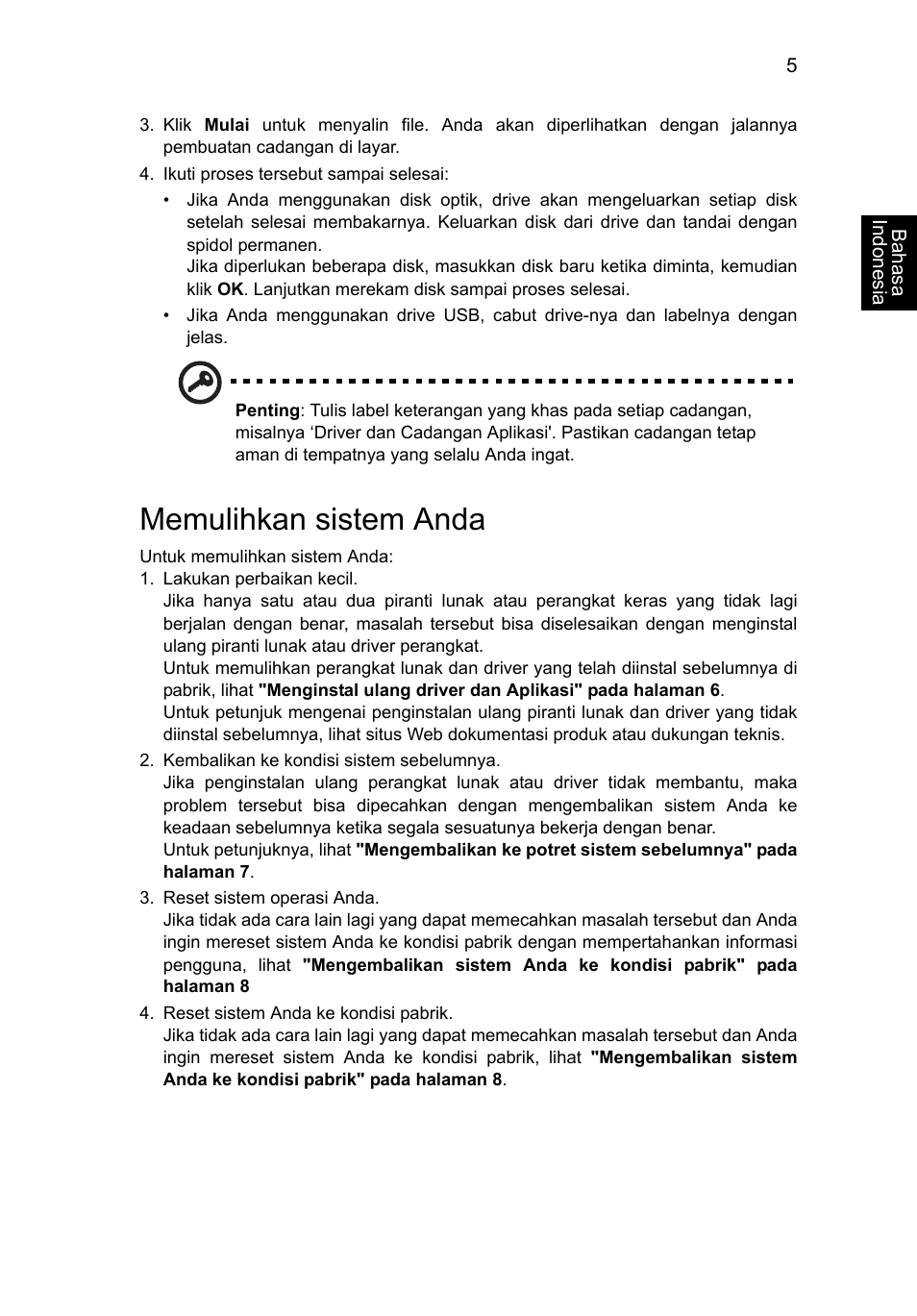 Memulihkan sistem anda | Acer AO756 User Manual | Page 1731 / 1836