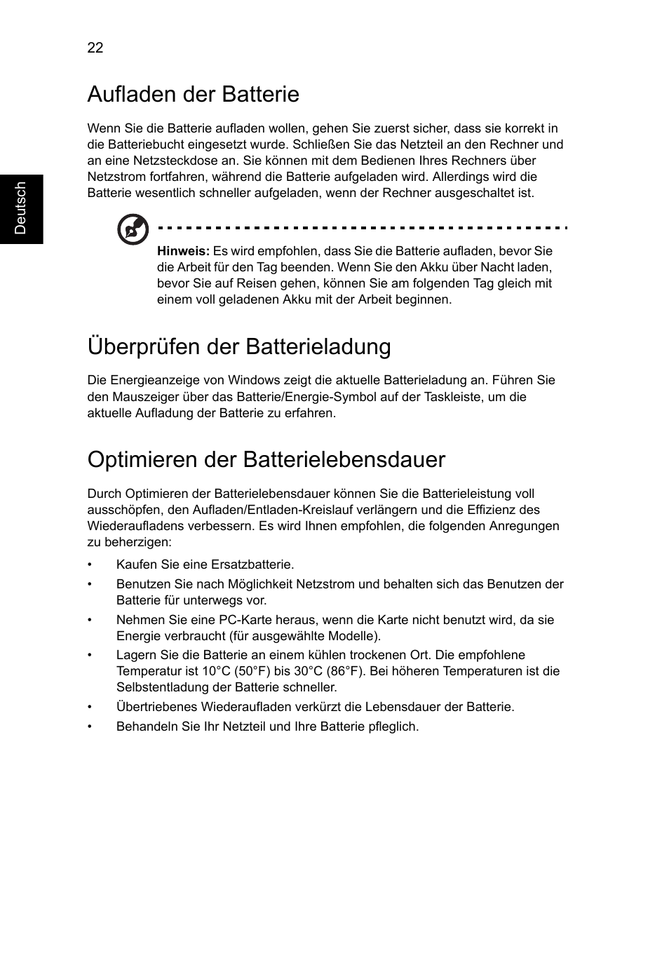 Aufladen der batterie, Überprüfen der batterieladung, Optimieren der batterielebensdauer | Acer AO756 User Manual | Page 174 / 1836