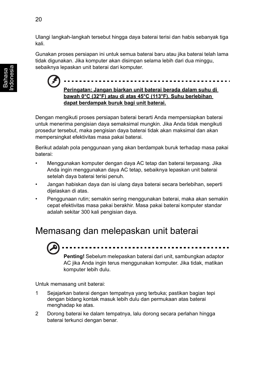 Memasang dan melepaskan unit baterai | Acer AO756 User Manual | Page 1746 / 1836