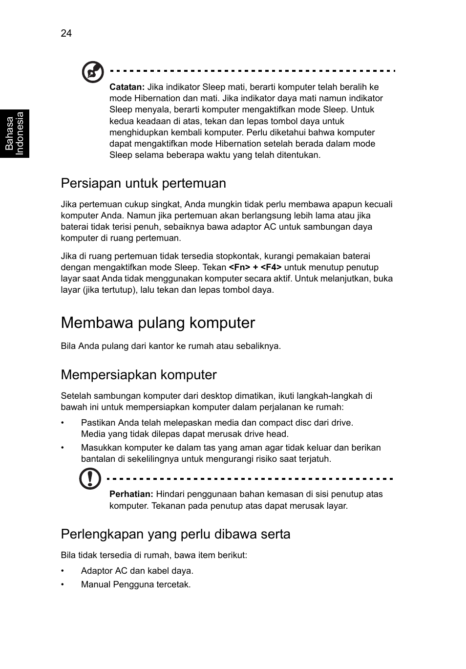 Membawa pulang komputer, Persiapan untuk pertemuan, Mempersiapkan komputer | Perlengkapan yang perlu dibawa serta | Acer AO756 User Manual | Page 1750 / 1836