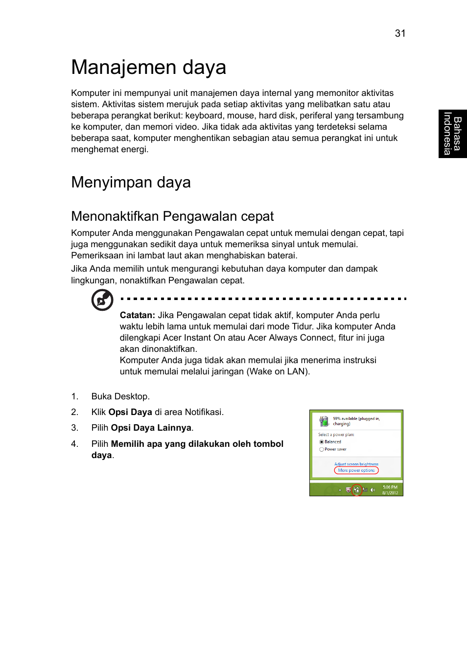 Manajemen daya, Menyimpan daya, Menonaktifkan pengawalan cepat | Acer AO756 User Manual | Page 1757 / 1836