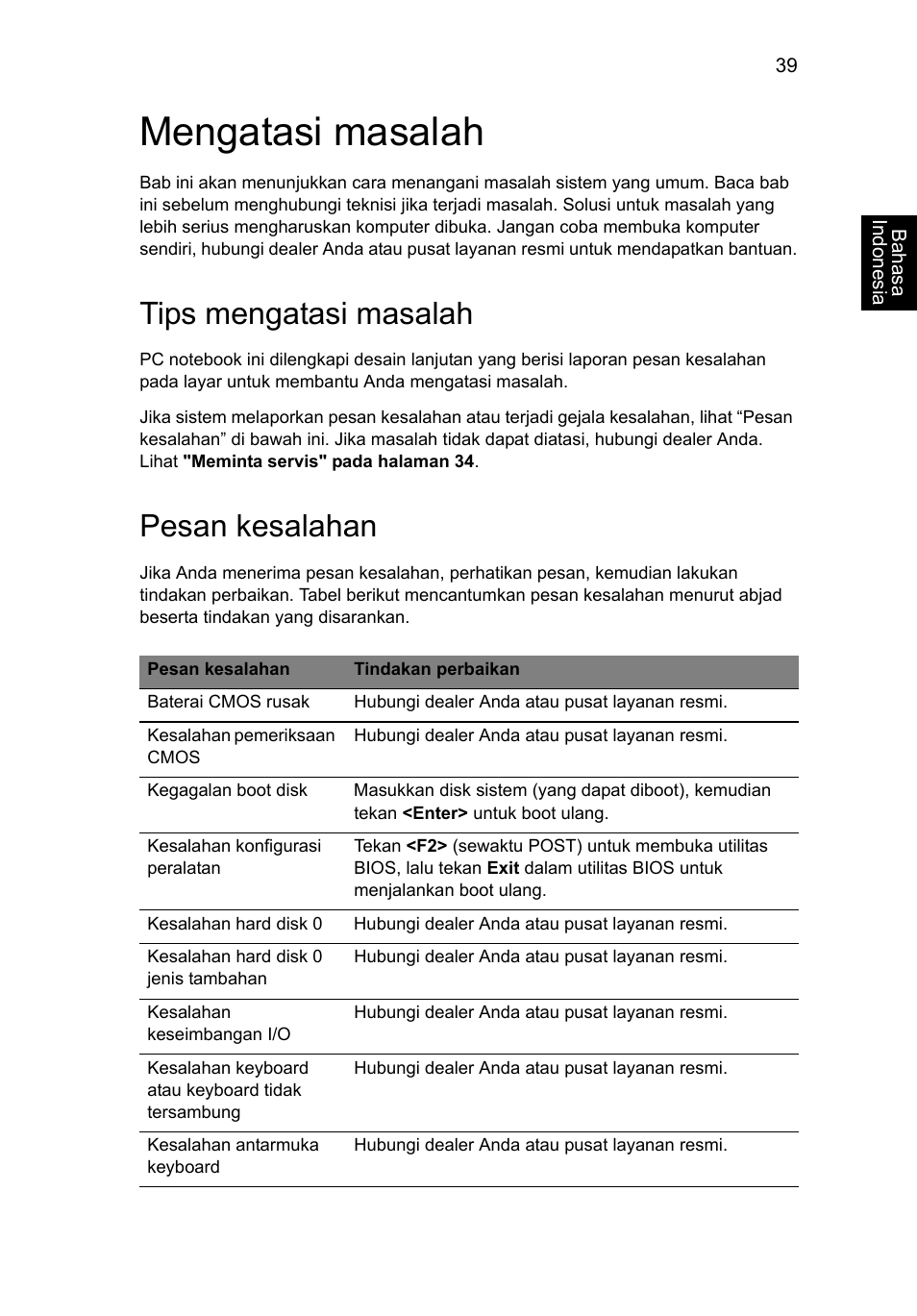 Mengatasi masalah, Tips mengatasi masalah, Pesan kesalahan | Acer AO756 User Manual | Page 1765 / 1836