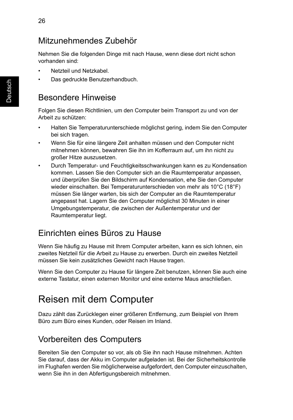 Reisen mit dem computer, Mitzunehmendes zubehör, Besondere hinweise | Einrichten eines büros zu hause, Vorbereiten des computers | Acer AO756 User Manual | Page 178 / 1836