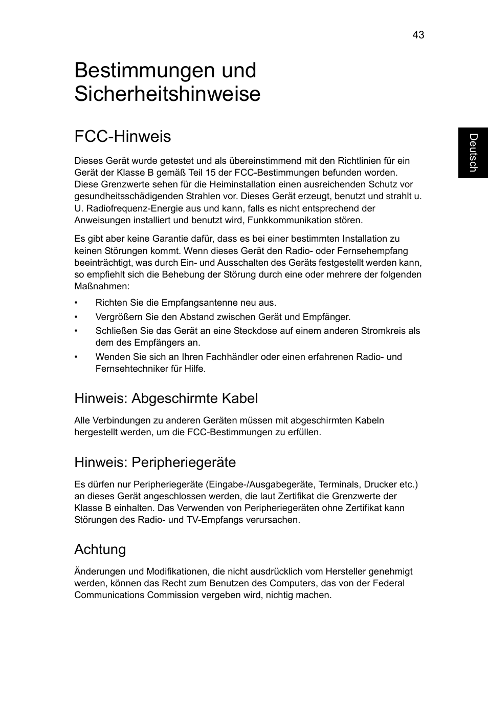 Bestimmungen und sicherheitshinweise, Fcc-hinweis, Hinweis: abgeschirmte kabel | Hinweis: peripheriegeräte, Achtung | Acer AO756 User Manual | Page 195 / 1836