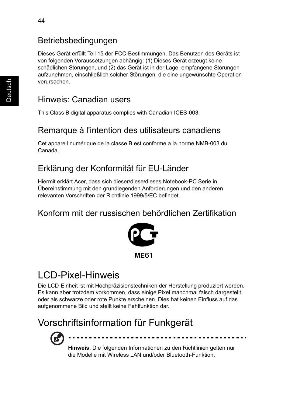 Lcd-pixel-hinweis, Vorschriftsinformation für funkgerät, Betriebsbedingungen | Hinweis: canadian users, Remarque à l'intention des utilisateurs canadiens, Erklärung der konformität für eu-länder | Acer AO756 User Manual | Page 196 / 1836