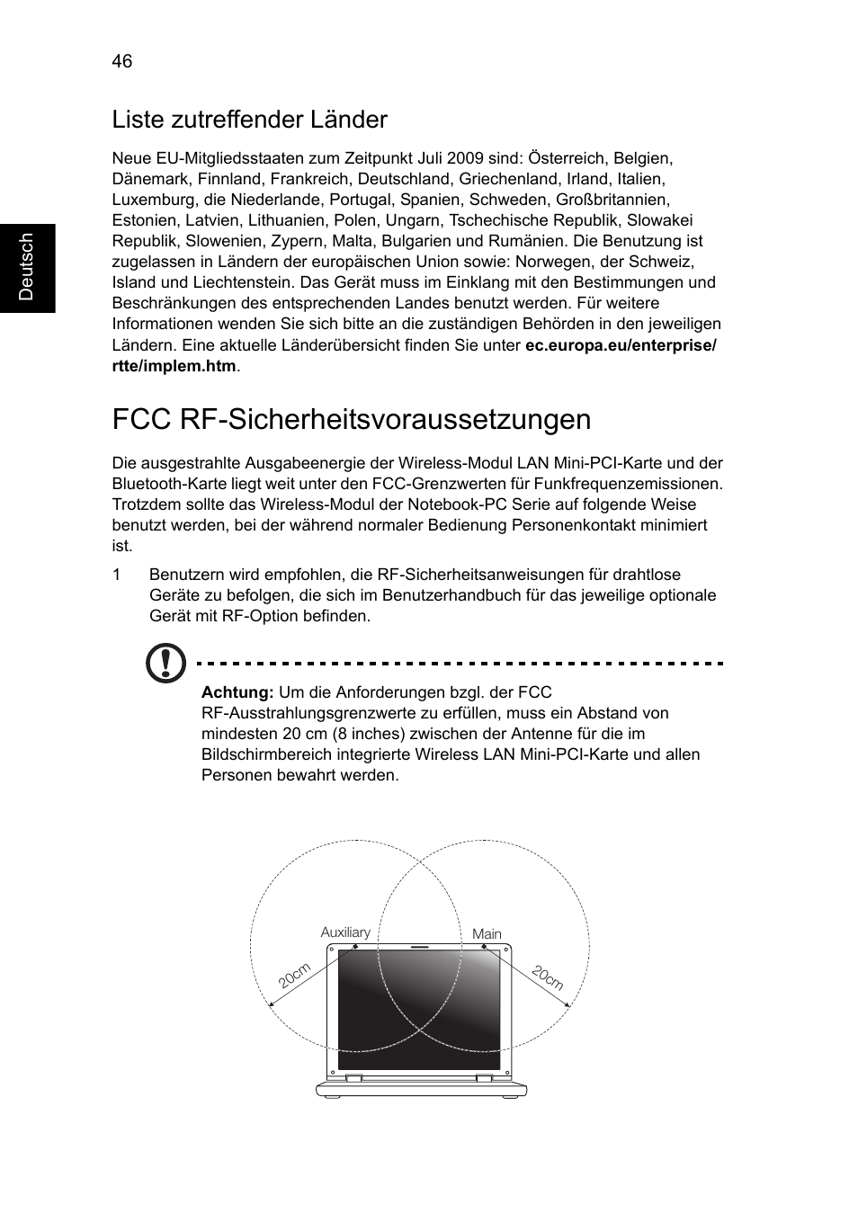 Fcc rf-sicherheitsvoraussetzungen, Liste zutreffender länder | Acer AO756 User Manual | Page 198 / 1836