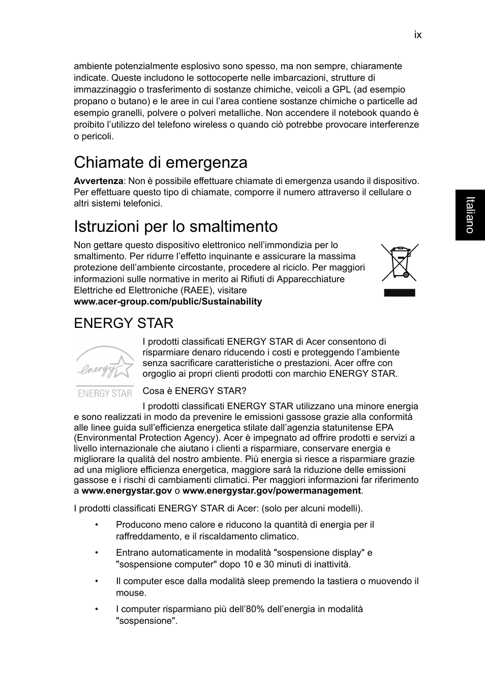 Chiamate di emergenza, Istruzioni per lo smaltimento, Energy star | Acer AO756 User Manual | Page 209 / 1836