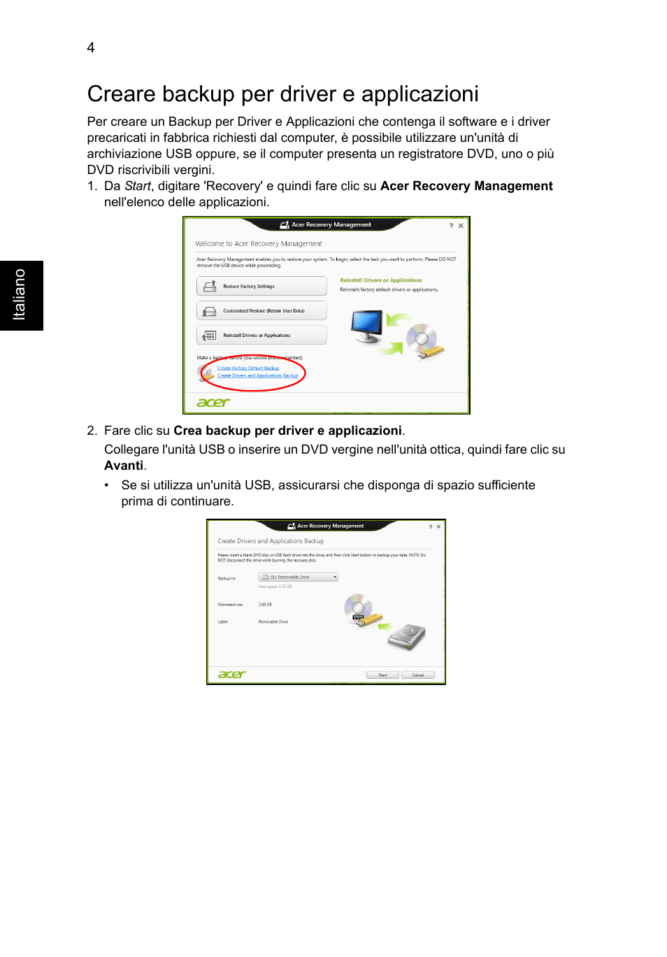 Creare backup per driver e applicazioni | Acer AO756 User Manual | Page 224 / 1836