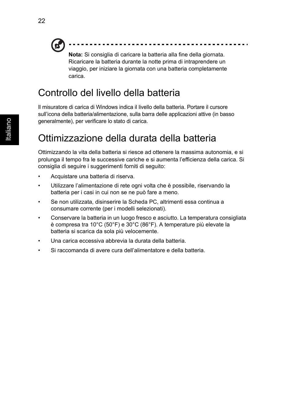 Controllo del livello della batteria, Ottimizzazione della durata della batteria | Acer AO756 User Manual | Page 242 / 1836