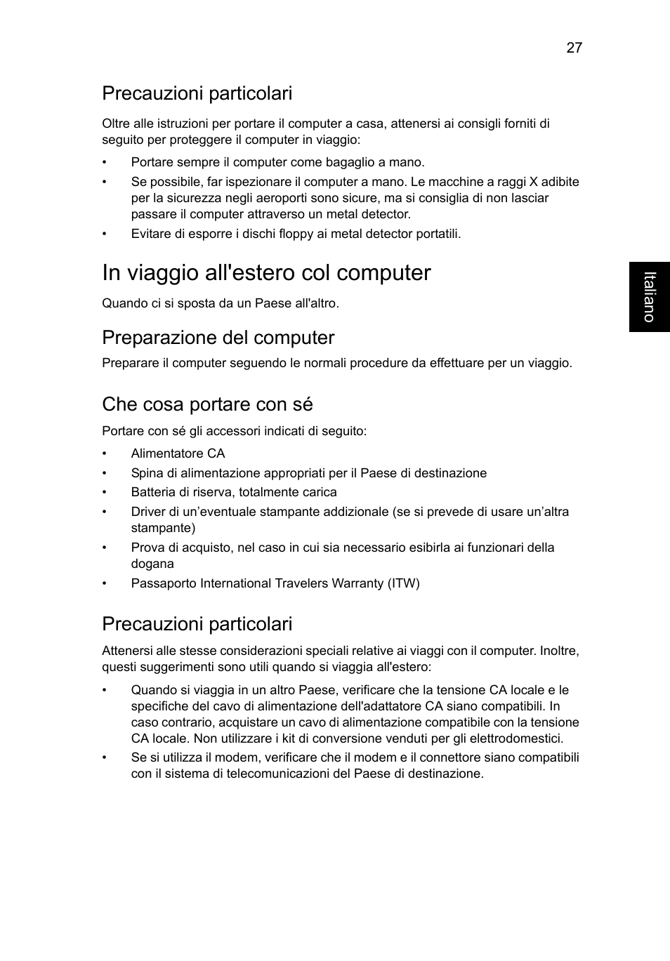 In viaggio all'estero col computer, Precauzioni particolari, Preparazione del computer | Che cosa portare con sé | Acer AO756 User Manual | Page 247 / 1836