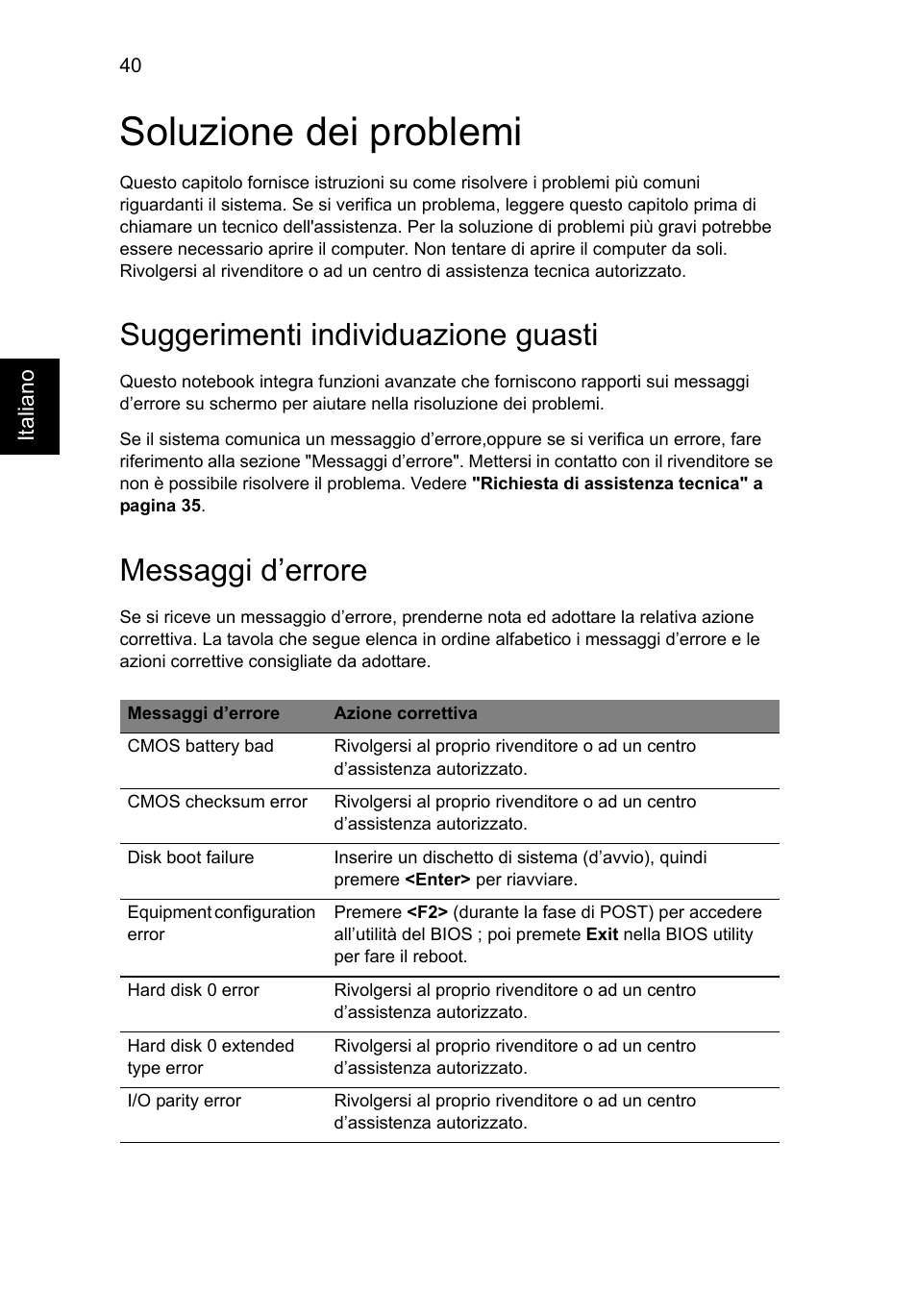 Soluzione dei problemi, Suggerimenti individuazione guasti, Messaggi d’errore | Acer AO756 User Manual | Page 260 / 1836