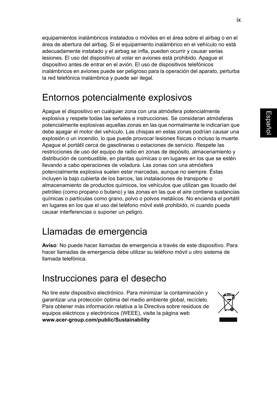 Entornos potencialmente explosivos, Llamadas de emergencia, Instrucciones para el desecho | Acer AO756 User Manual | Page 275 / 1836