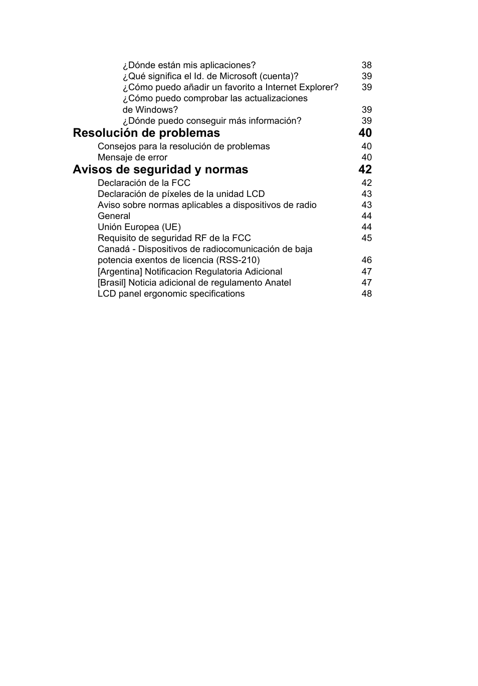 Resolución de problemas 40, Avisos de seguridad y normas 42 | Acer AO756 User Manual | Page 285 / 1836