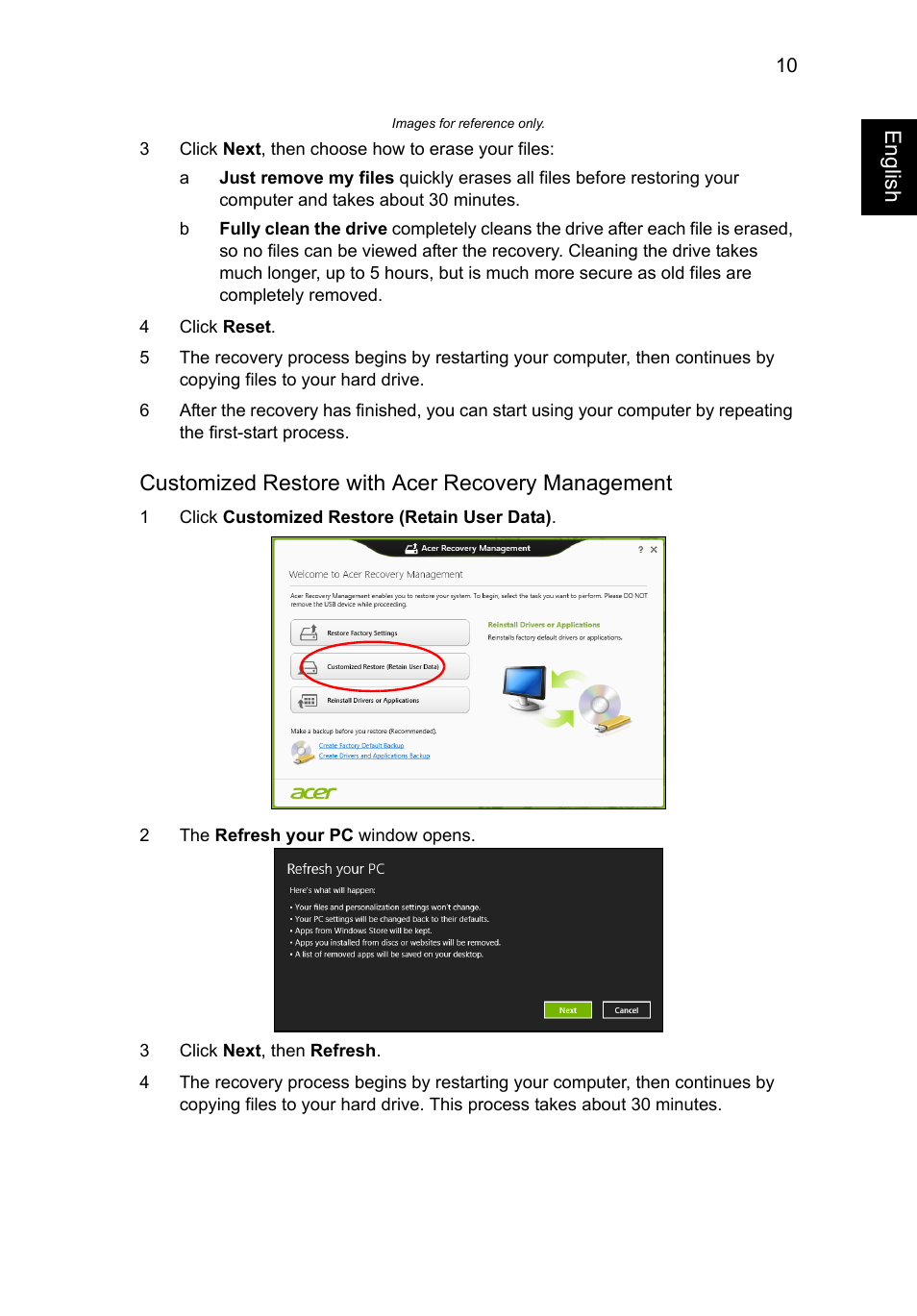 Engl ish, Customized restore with acer recovery management | Acer AO756 User Manual | Page 29 / 1836