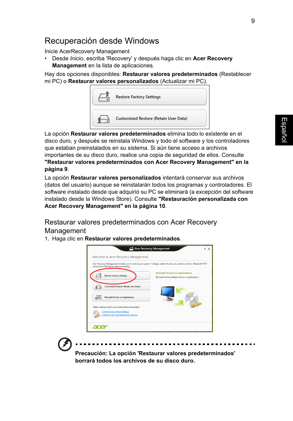 Recuperación desde windows | Acer AO756 User Manual | Page 295 / 1836