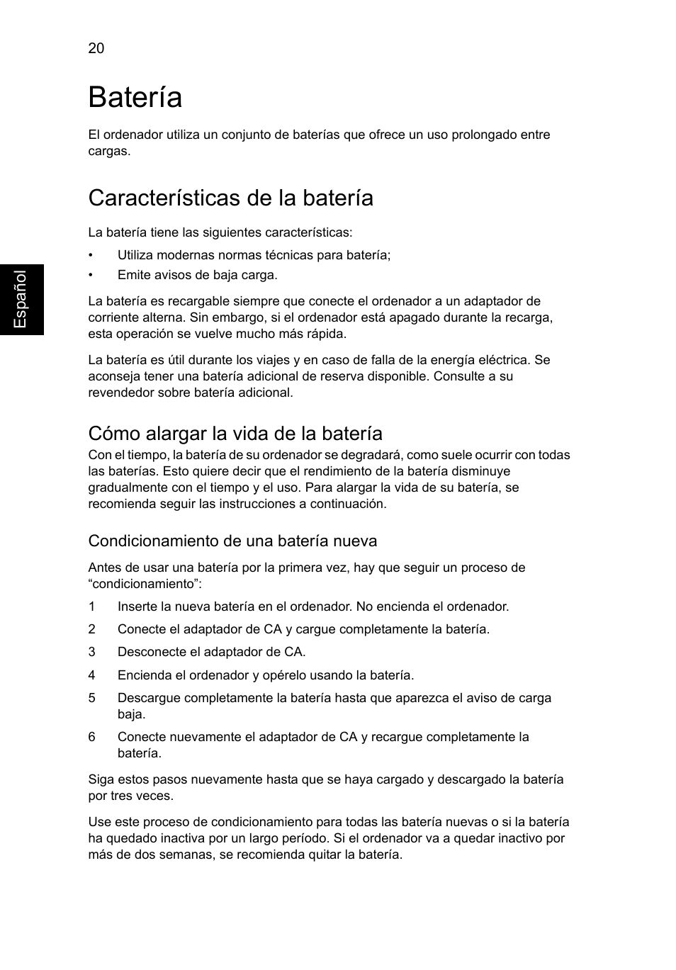 Batería, Características de la batería, Cómo alargar la vida de la batería | Acer AO756 User Manual | Page 306 / 1836