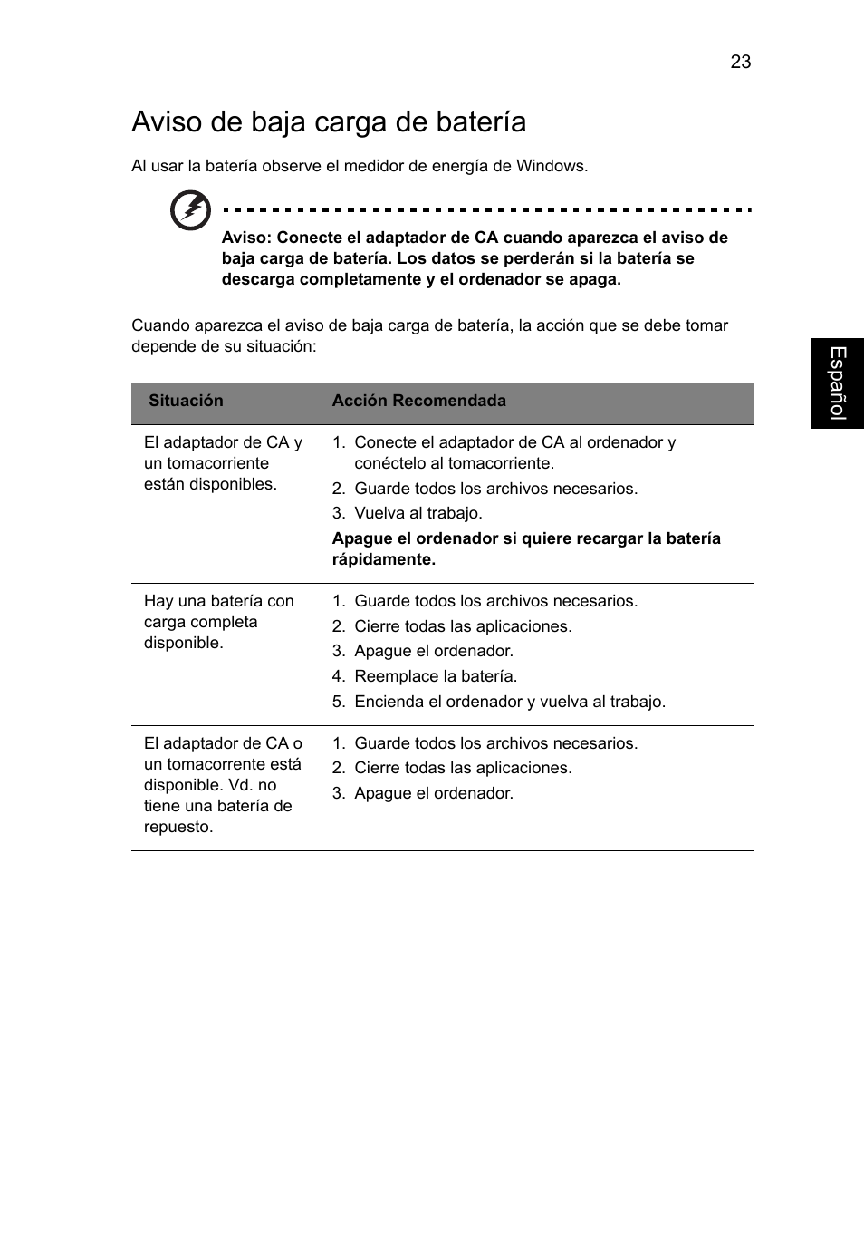 Aviso de baja carga de batería | Acer AO756 User Manual | Page 309 / 1836