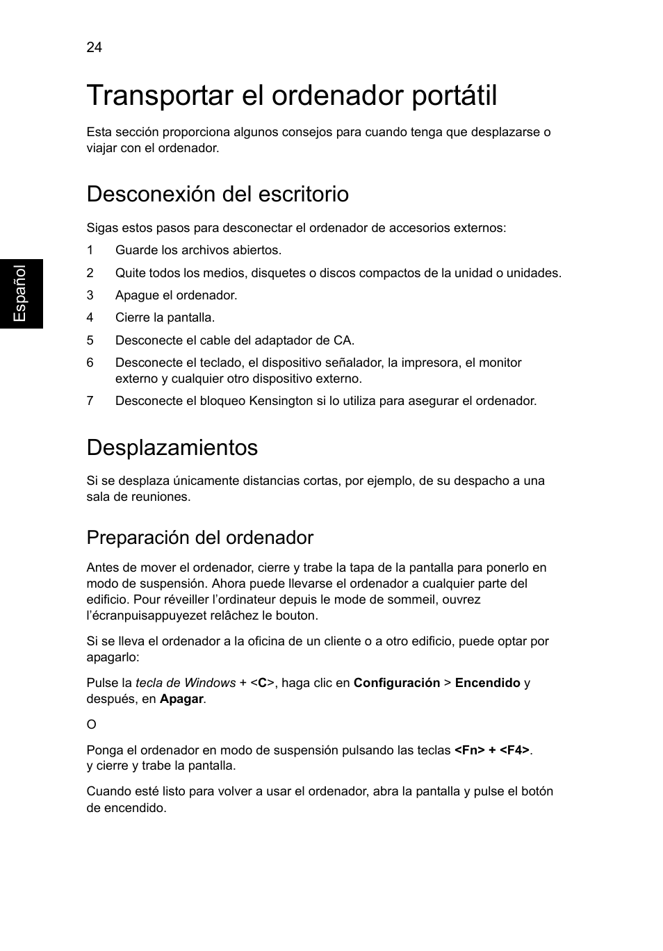 Transportar el ordenador portátil, Desconexión del escritorio, Desplazamientos | Preparación del ordenador | Acer AO756 User Manual | Page 310 / 1836