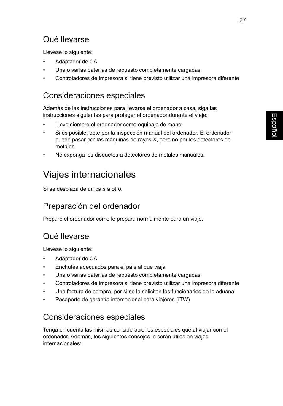 Viajes internacionales, Qué llevarse, Consideraciones especiales | Preparación del ordenador | Acer AO756 User Manual | Page 313 / 1836