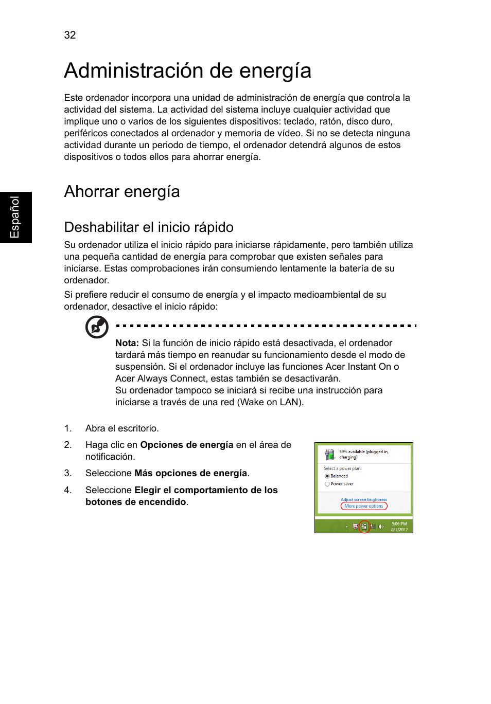 Administración de energía, Ahorrar energía, Deshabilitar el inicio rápido | Acer AO756 User Manual | Page 318 / 1836