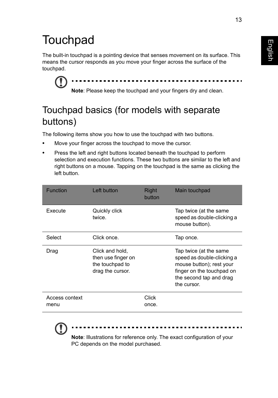 Touchpad, Touchpad basics (for models with separate buttons) | Acer AO756 User Manual | Page 32 / 1836