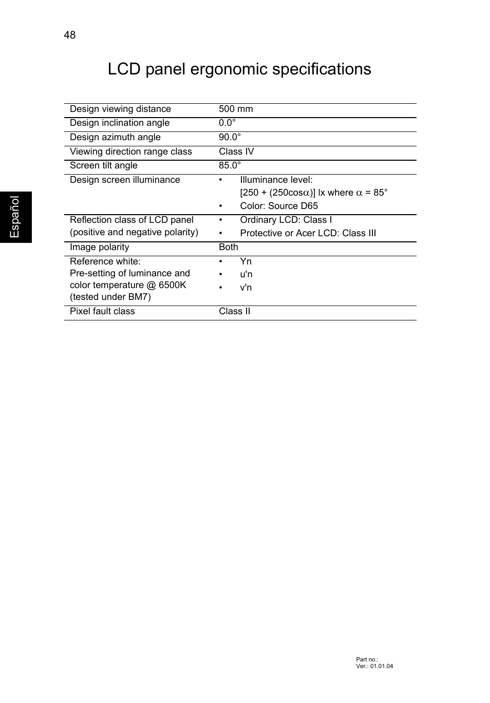 Lcd panel ergonomic specifications, Esp a ñol | Acer AO756 User Manual | Page 334 / 1836
