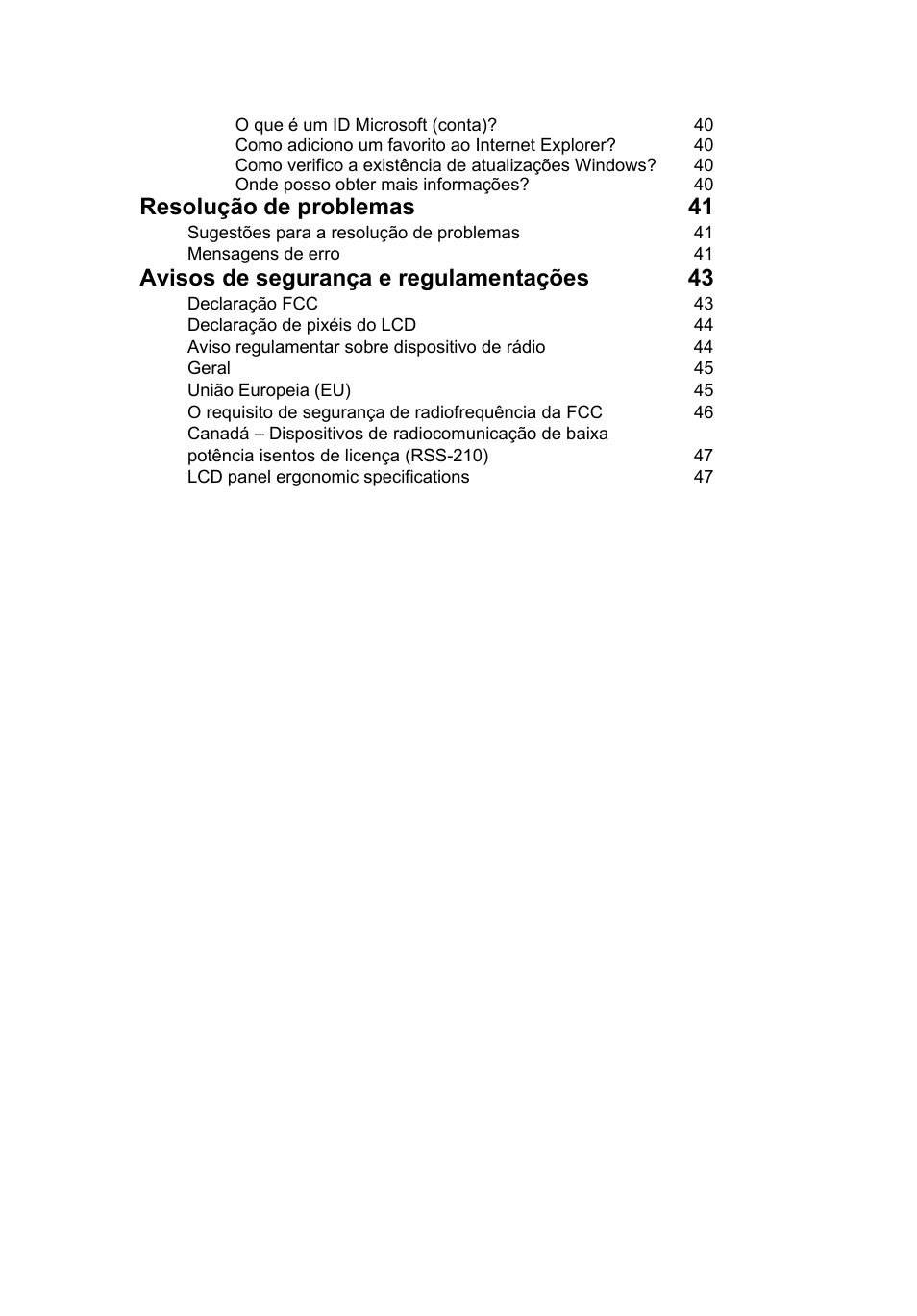 Resolução de problemas 41, Avisos de segurança e regulamentações 43 | Acer AO756 User Manual | Page 353 / 1836