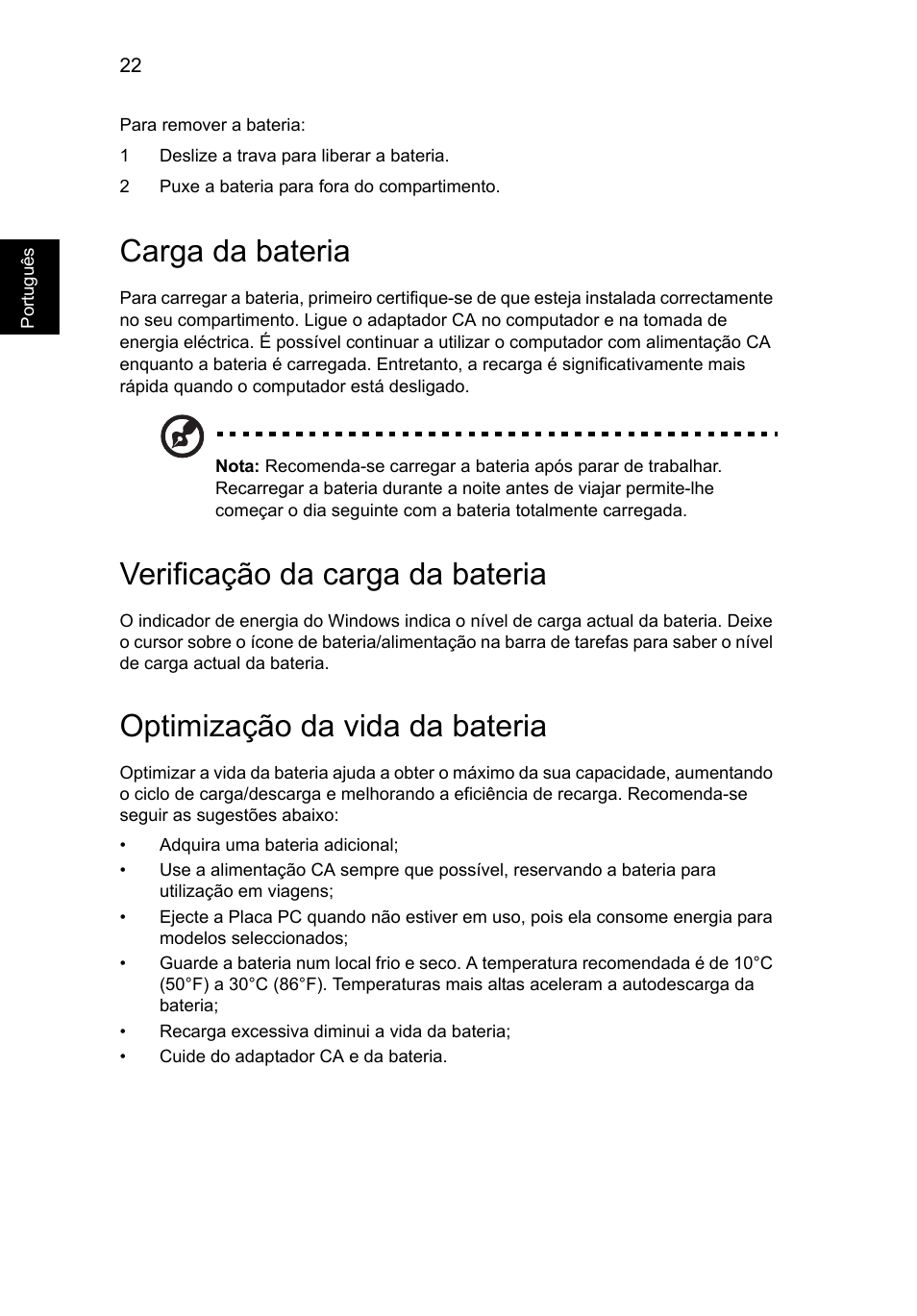 Carga da bateria, Verificação da carga da bateria, Optimização da vida da bateria | Acer AO756 User Manual | Page 376 / 1836